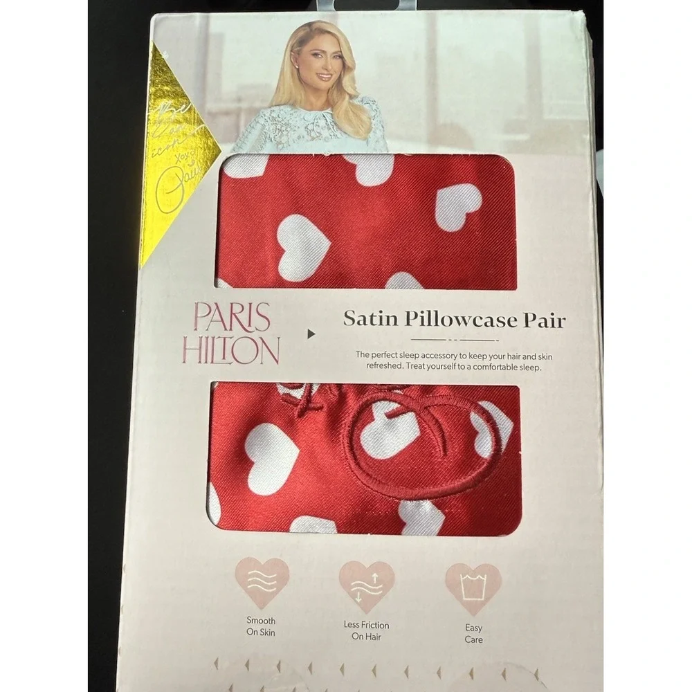 Paris Hilton Red Satin Pillowcase Set w/ White Hearts Standard 2-Pack Valentines